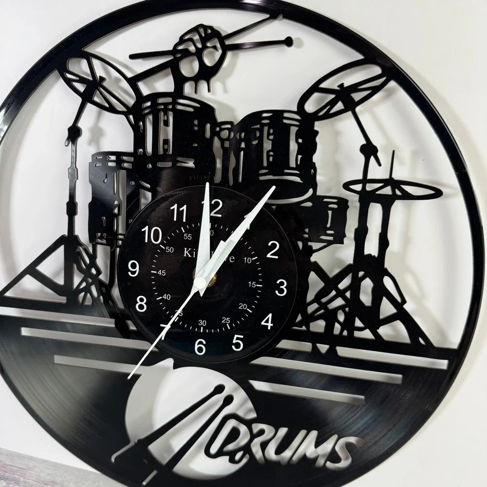 Vintage Vinyl Record Wall Clock Drum Set Silhouette Music Room Decor 12